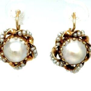 14K Mabe Seed Pearl Yellow Gold Extraordinary Elegant Earrings